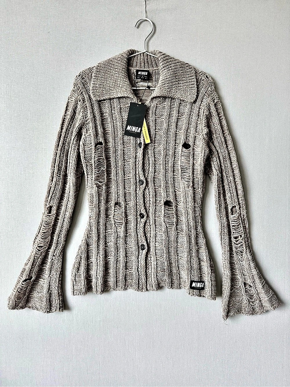 MINGA London Distressed Cardigan with Flared Sleeve Cuffs and Hem - NWT